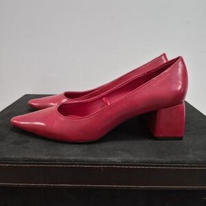 Zara Red Leather Pointed Block Heel Pumps